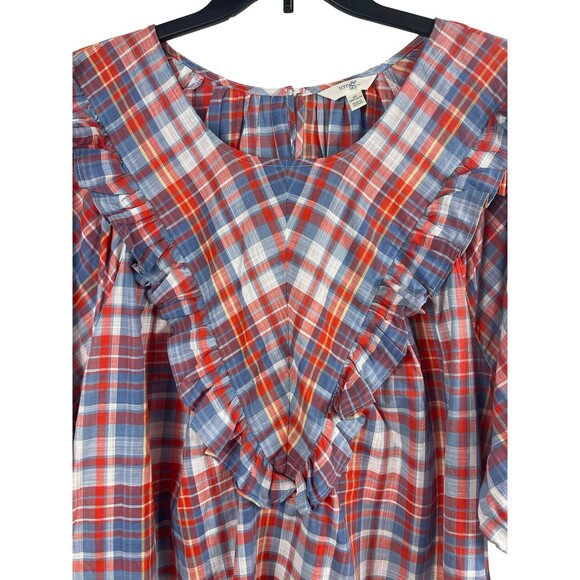 Terra & Sky Plus 4X Short Sleeve Plaid Ruffle Blouse Red Blue Cotton Top NWT - Picture 2 of 15